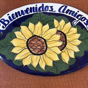 BIENVENIDOS AMIGOS WELCOME FRIENDS PLAQUE   HAND PAINTED W/ SUNFLOWERS MEXICAN